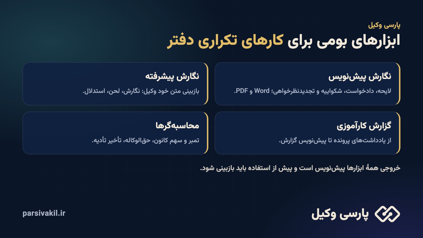 ابزارهای ParsiVakil برای کارهای تکراری دفتر وکالت